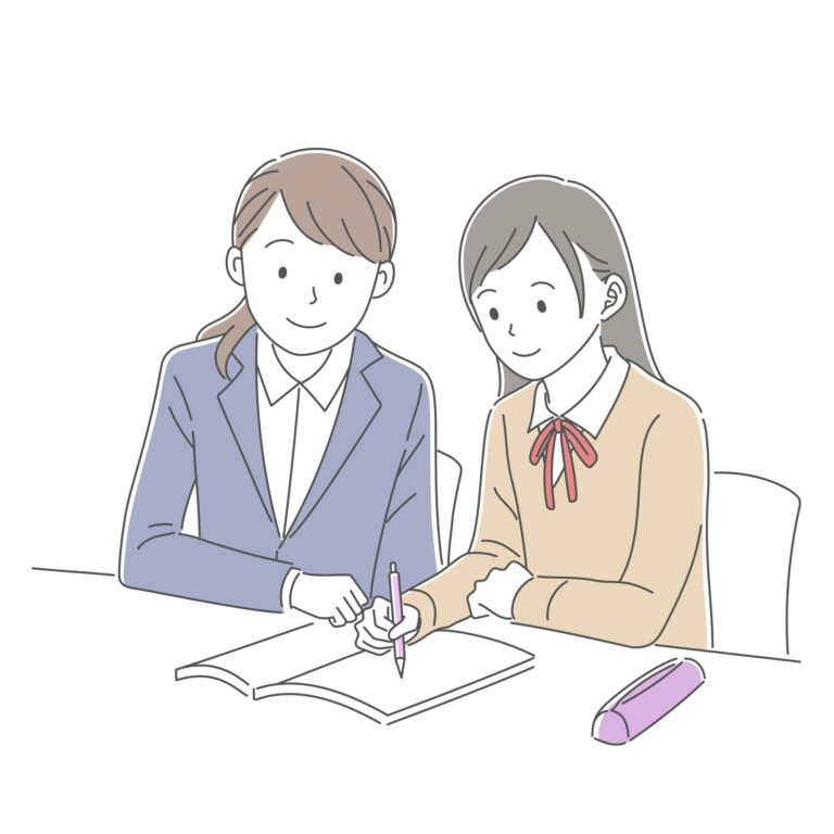 机で一緒に勉強する生徒のイラスト