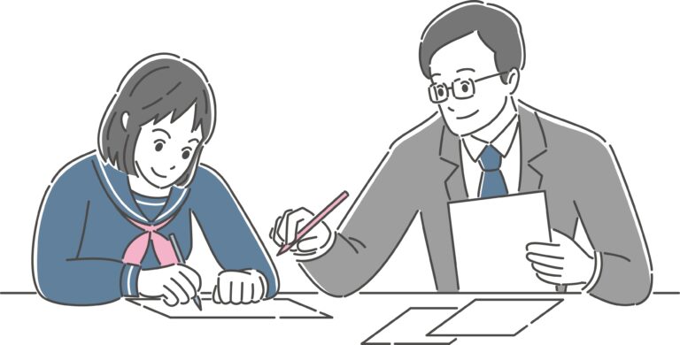 先生が生徒に個別で教えるイラスト