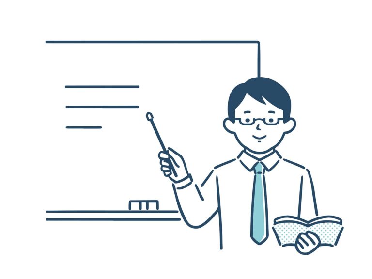 ホワイトボードの前の先生のイラスト