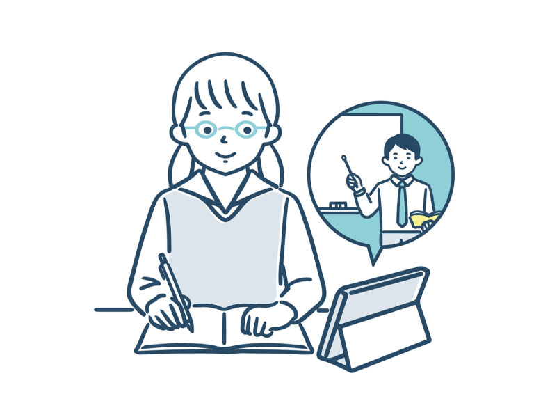 タブレットでオンライン授業を受ける生徒のイラスト