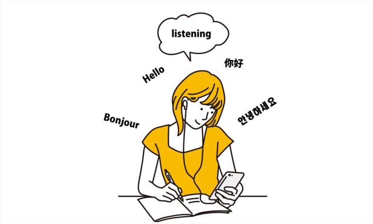 英語を聞いて勉強する女性のイラスト