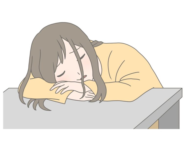 机で眠ってしまった生徒のイラスト