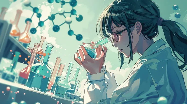 分子モデルを見る生徒のイラスト