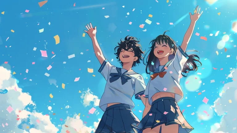 喜ぶ高校生たちのイラスト