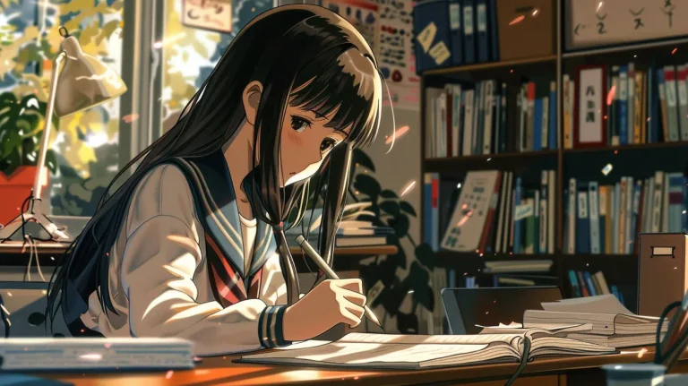 机で勉強する女子生徒のイラスト