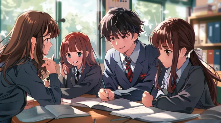 グループで勉強する高校生のイラスト