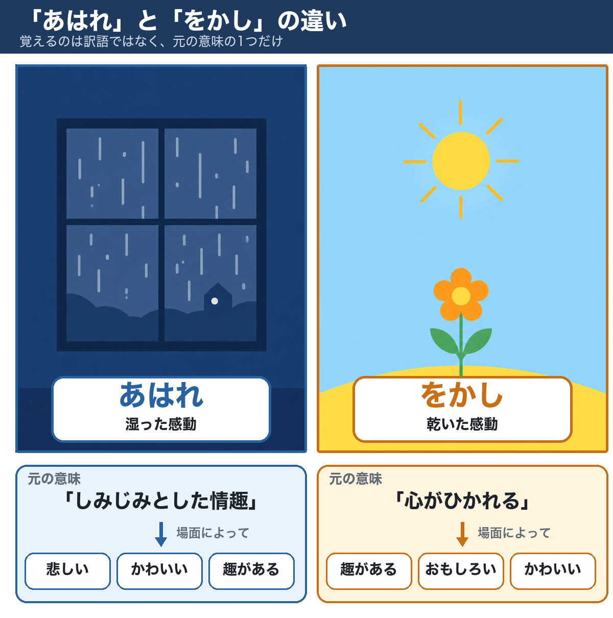 古文単語「あはれ」と「をかし」の対比図。あはれは湿った感動で、元の意味はしみじみとした情趣、場面によって悲しい・かわいい・趣がある。をかしは乾いた感動で、元の意味は心がひかれる、場面によって趣がある・おもしろい・かわいい