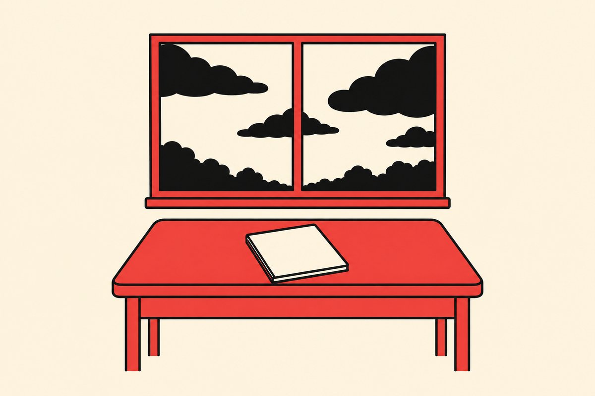 曇り空の窓と、閉じたノートが置かれた机のイラスト