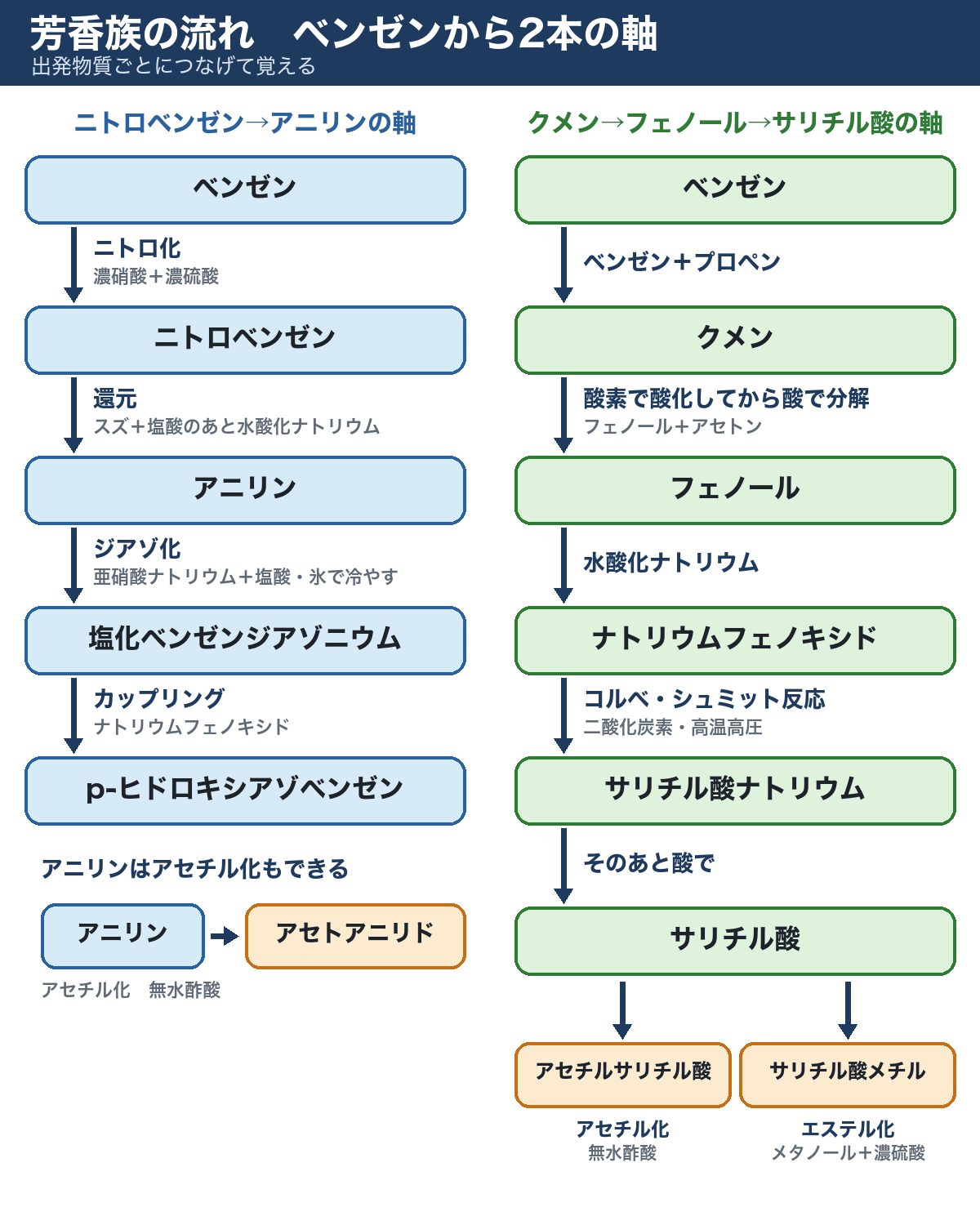 芳香族の反応の2本の軸の流れ図。ベンゼンからニトロベンゼン、アニリン、塩化ベンゼンジアゾニウム、p-ヒドロキシアゾベンゼンへ進む軸と、ベンゼンからクメン、フェノール、サリチル酸へ進む軸